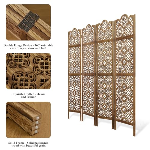 5.75Ft Room Divider Wood Carved Wall Divider Indoor Folding Portable Partition Screen for Home Office Garden Terrace - 4 Panel (Antique Brown)