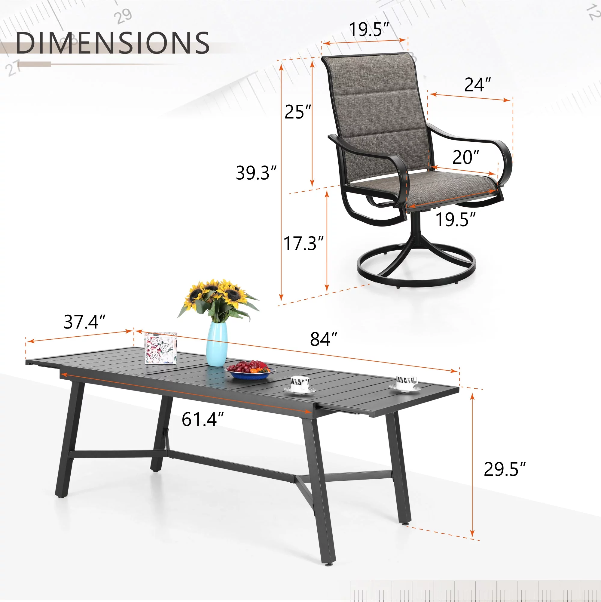 Sophia & William 9 Pieces Metal Outdoor Patio Dining Set with Gray Padded Textilene Swivel Chairs and Black Extendable Table
