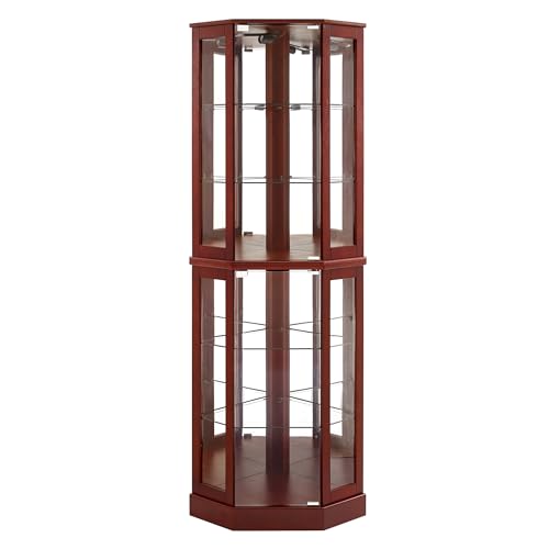 Goujxcy 72" Tall Corner Display Cabinet Lighted Curio Cabinet, 6-Tier Wood Curio Showcase Collection Art Display Case, Bar and Liquor Storage Area with Glass Doors and Adjustable Shelves (Cherry)