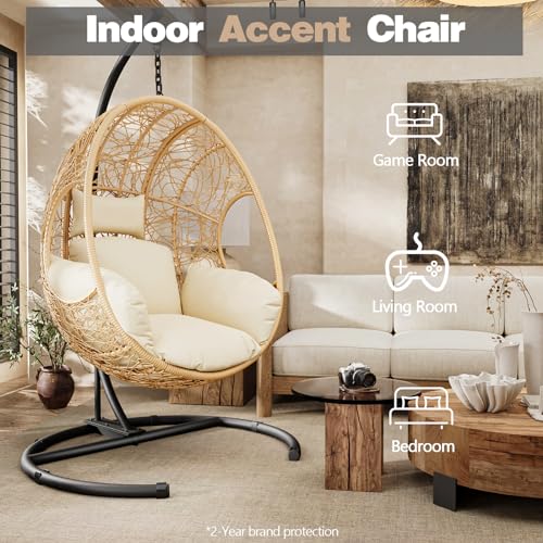 Egg Swing Chair with Stand up to 400lbs, Oversized Outdoor Hanging Egg Chair with Extra Large Round Base, All Weather Wicker, Rain Cover, Waterproof Cushion, UV Resistant