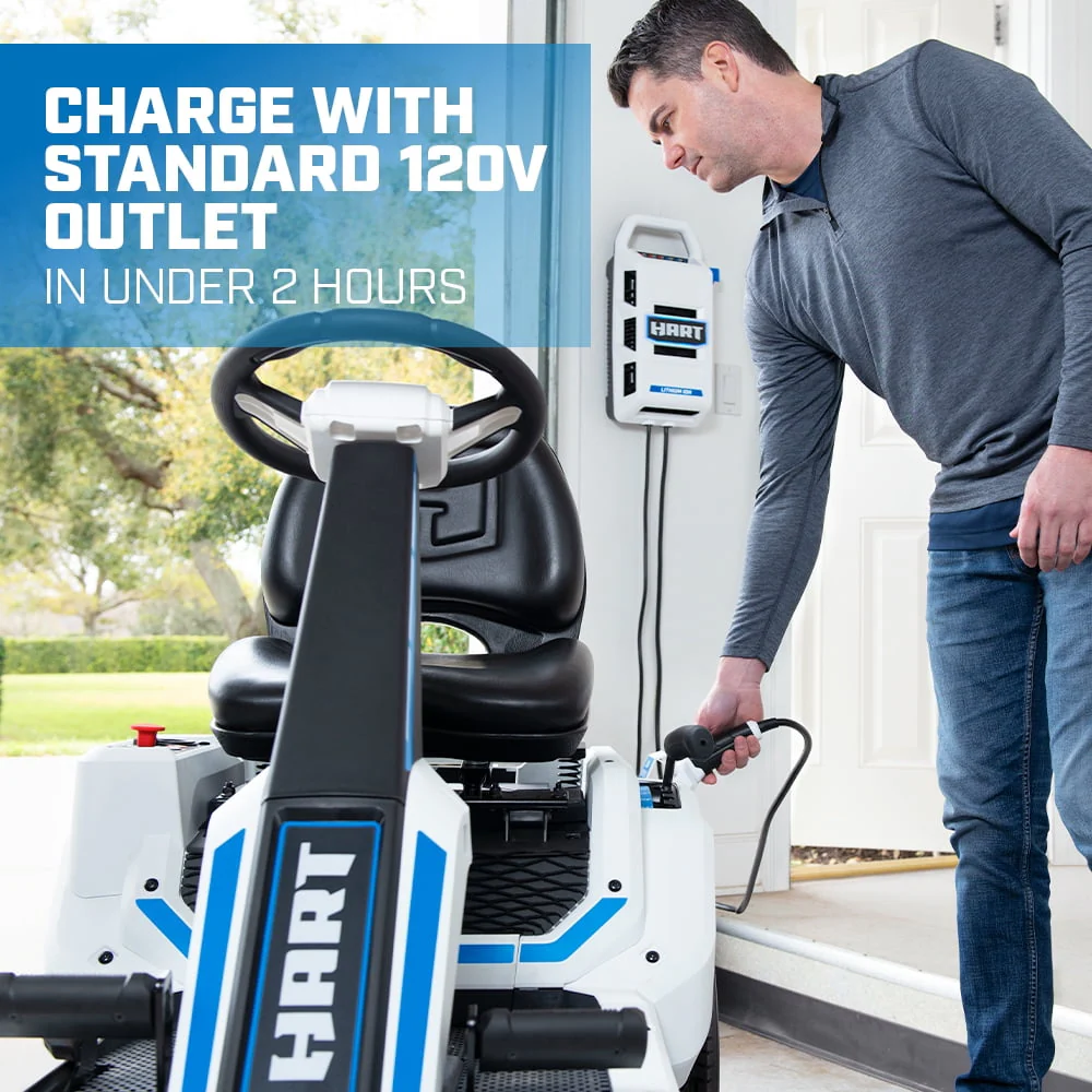 HART 80-Volt 30-inch Deck Lithium-Ion Riding Lawn Mower Kit, (1) Super Charger