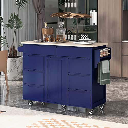 53" Mobile Kitchen Storage Islands with 8 Handle-Free Drawers Including a Flatware Organizer, Rolling Kitchen Island Cart with Storage Cabinet, Modern Kitchen Island Cart with Rubber Wood Top, White