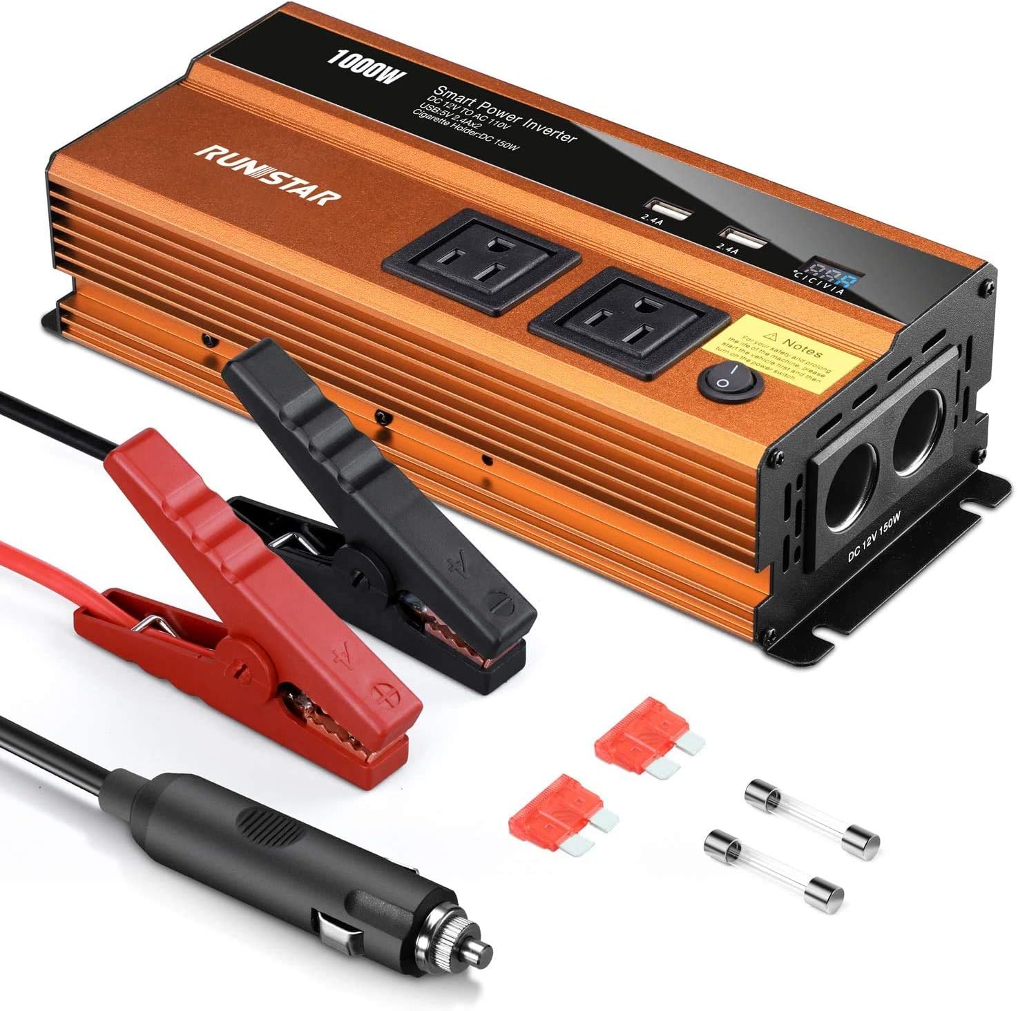 1000W Power Inverter DC 12V to 110V AC Car Inverter with Dual AC Outlets 2.4A USB and Dual 12V Car Cigarette Lighter Modified Wave Inverter Pack of 2