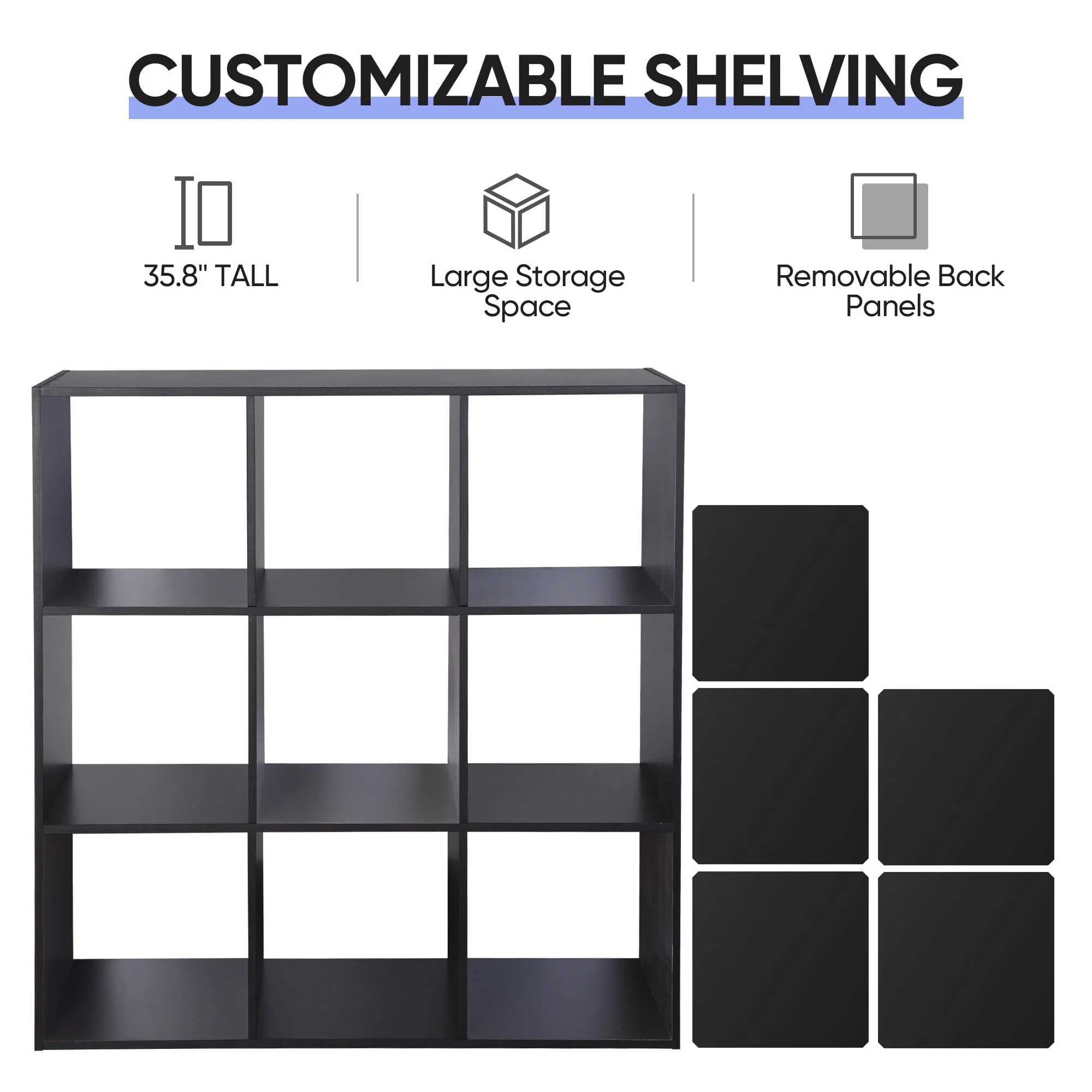 ZENY 9 Cubes Wooden Cube Organizer Bookcase Cubecials Cabinet Storage (Black)