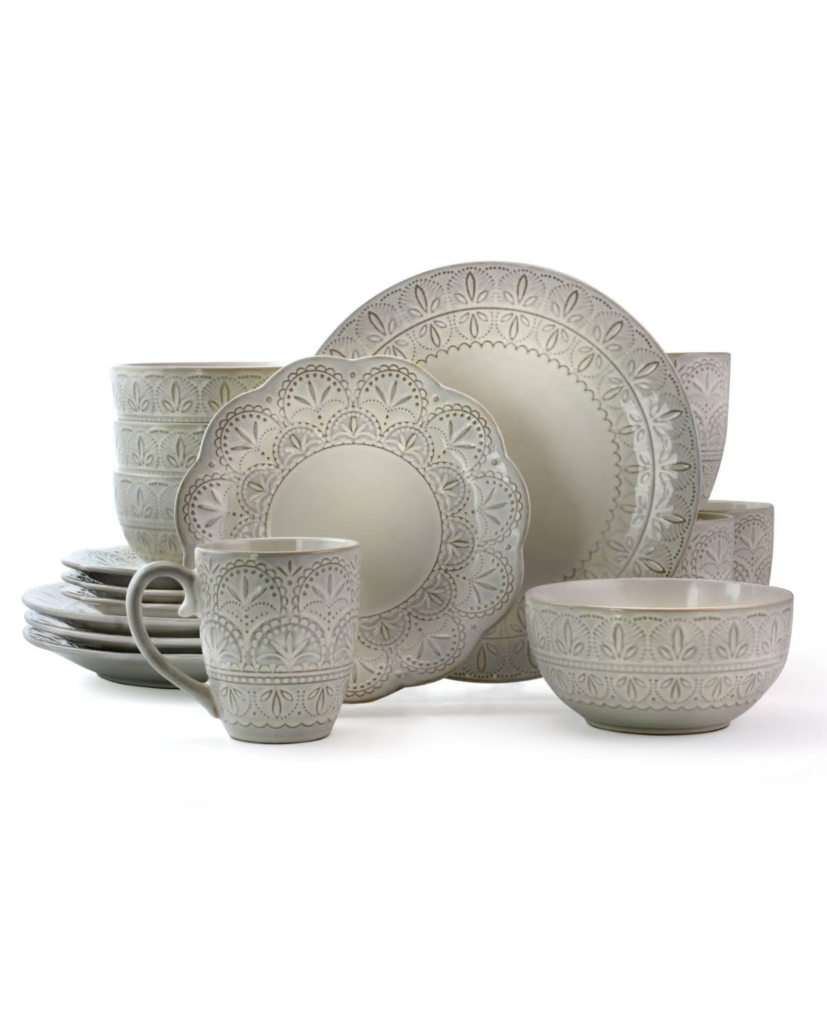 Elama 16-Piece Stoneware Dinnerware Set, White Lace - Megean
