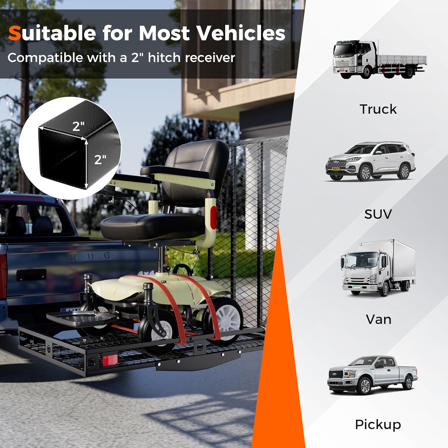 Mobility Scooter Carrier, 500 LBS Capacity Wheelchair Carrier Hitch Mount with Foldable Ramp, Stabilizer & Straps, Heavy-Duty Hitch Carrier for Mobility Scooter, Lawn Mower & Snow Blower