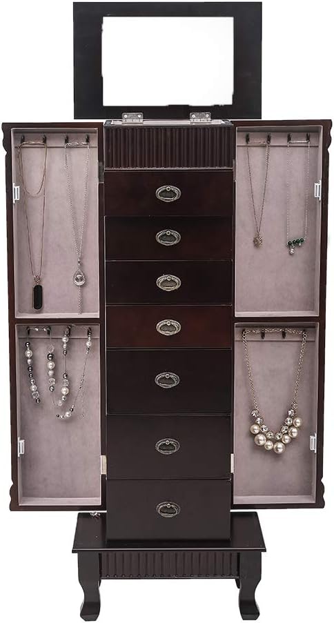 Standing Jewelry Armoire Cabinet,Jewellery Box Organizer Storage Chest with 7 Drawers,2 Swing Doors,16 Necklace Hooks,Brown