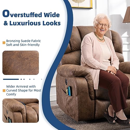 Large Dual OKIN Motor Power Lift Recliner Chair for Elderly Heated Massage Lay Flat Sleeper Electric Recliner Overstuffed Wide Recliners, Infinite Position, Side Pockets & USB Ports, Gray