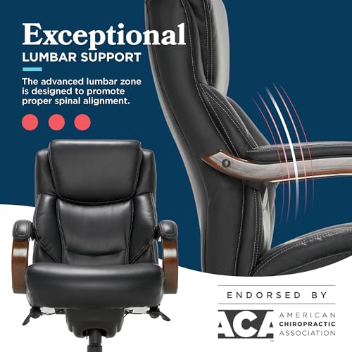La-Z-Boy Delano Big & Tall Executive Office Chair, Ergonomic Mid-Back Body Pillow Lumbar Support, ComfortCore Memory Foam Cushion, Mahogany Wood Arms & Swivel Base, Bonded Leather, Chestnut Brown