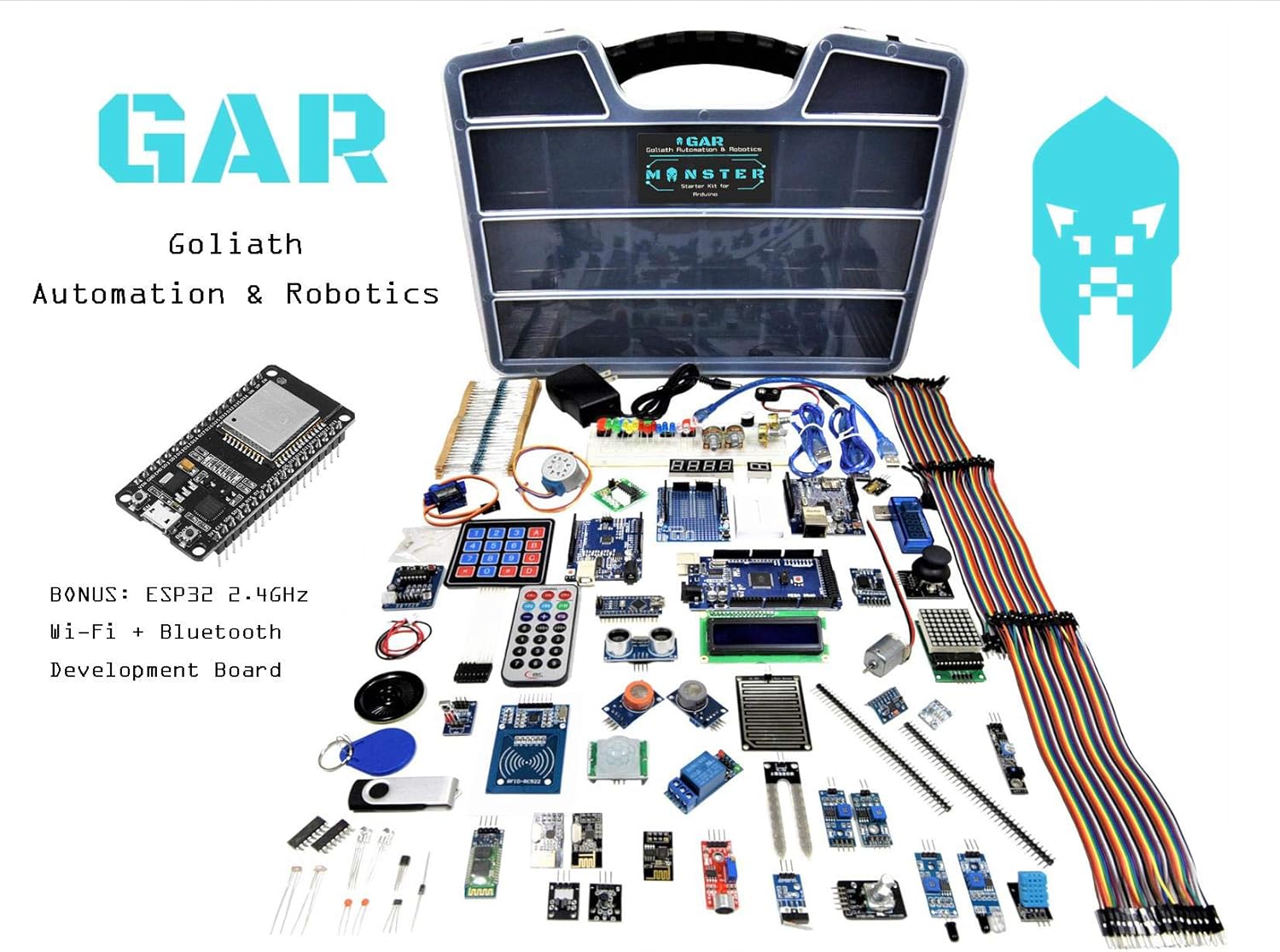 GAR Monster Starter Kit for Arduino Uno Mega Nano, Complete Set with ESP32, 25 Sensor Modules, Bluetooth WiFi Ethernet Wireless for Electronics STEM Robotics Projects