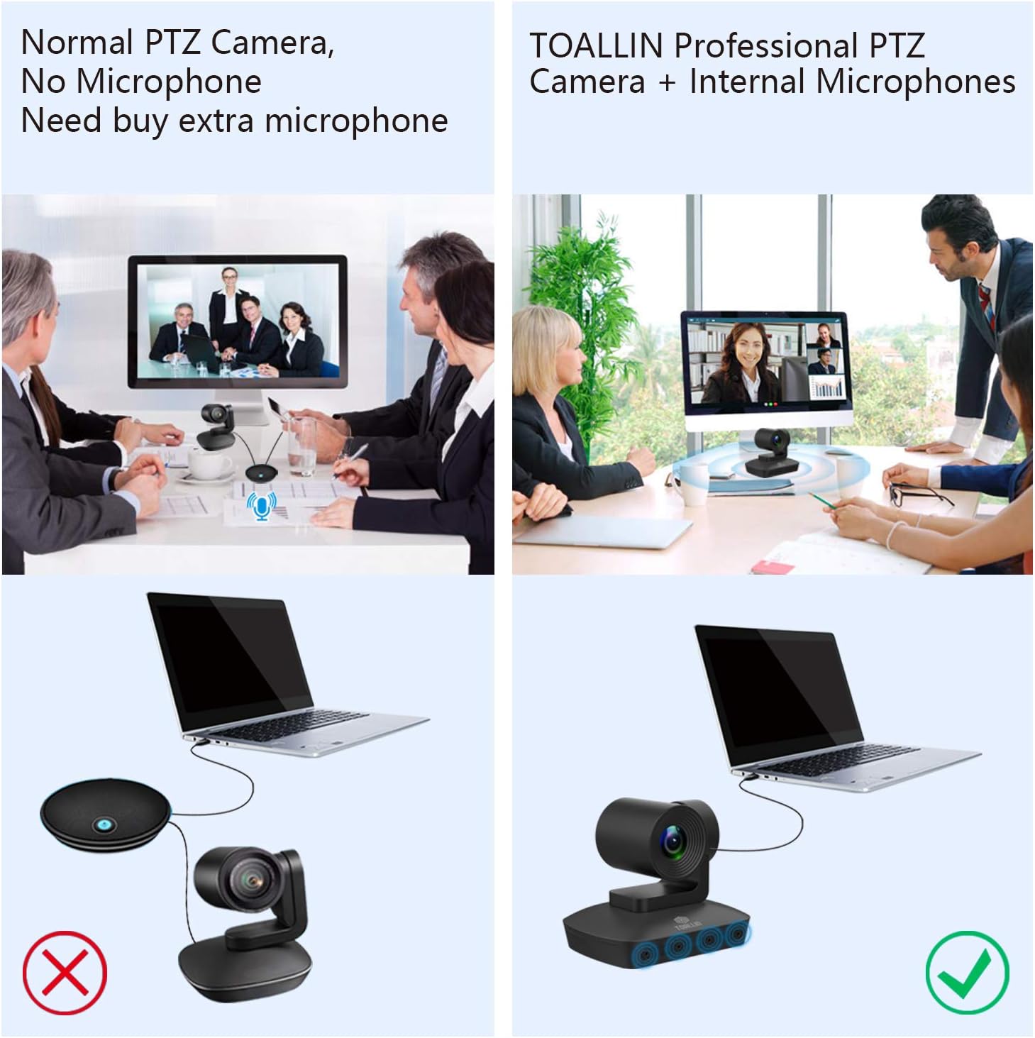 TOALLIN HD 1080P PTZ Conference Room Camera with 4 Microphones Array, 10X Optical Zoom Video Conference Camera, Automatically Voice Tracking, USB PTZ Webcam for Business Meeting