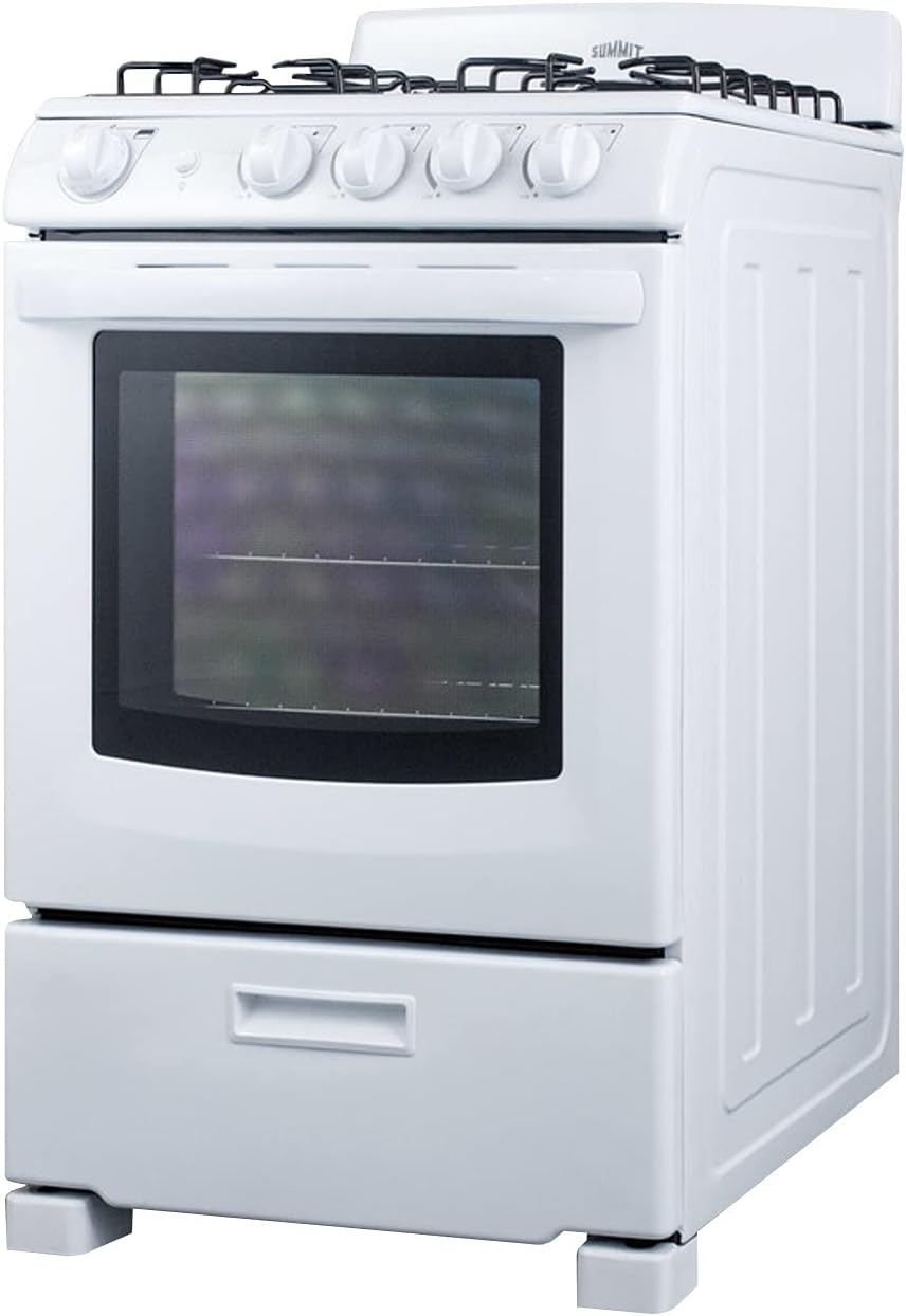 Summit RG244WS 24"" Freestanding Gas Range with 2.9 cu. ft. Oven Capacity Electronic Ignition High Backguard Broiler Drawer Continuous Grates and Safety Brake System for Oven Racks in White