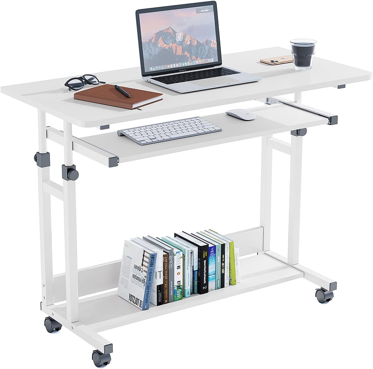 Dripex Rolling Desk - 31.5” Adjustable Computer Desk Home Office Computer Workstation Mobile Writing Table Laptop Cart with Locking Wheels Keyboard Tray, Black
