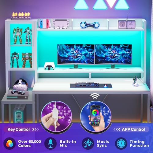 SEDETA Gaming Desk, 60'' Gaming Desk with Hutch and LED Lights, Computer Desk with Storage Shelves, Large PC Gamer Desk with Display Cabinet, Monitor Stand, Power Outlet for Home Office, Rustic Brown