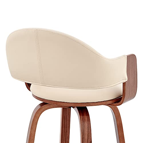 Armen Living Daxton Mid Century Modern Swivel Bar Stool for Kitchen Island Counter in Cream Faux Leather and Walnut Wood, 26" Seat Height