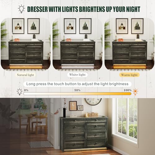 Farmhouse 8 Drawers Dresser for Bedroom, Tall Wood Chest of Drawers with LED Light/Charging Station/Human Sensor, Clothes Dressers for Closet, Living Room, Hallway, Rustic Brown