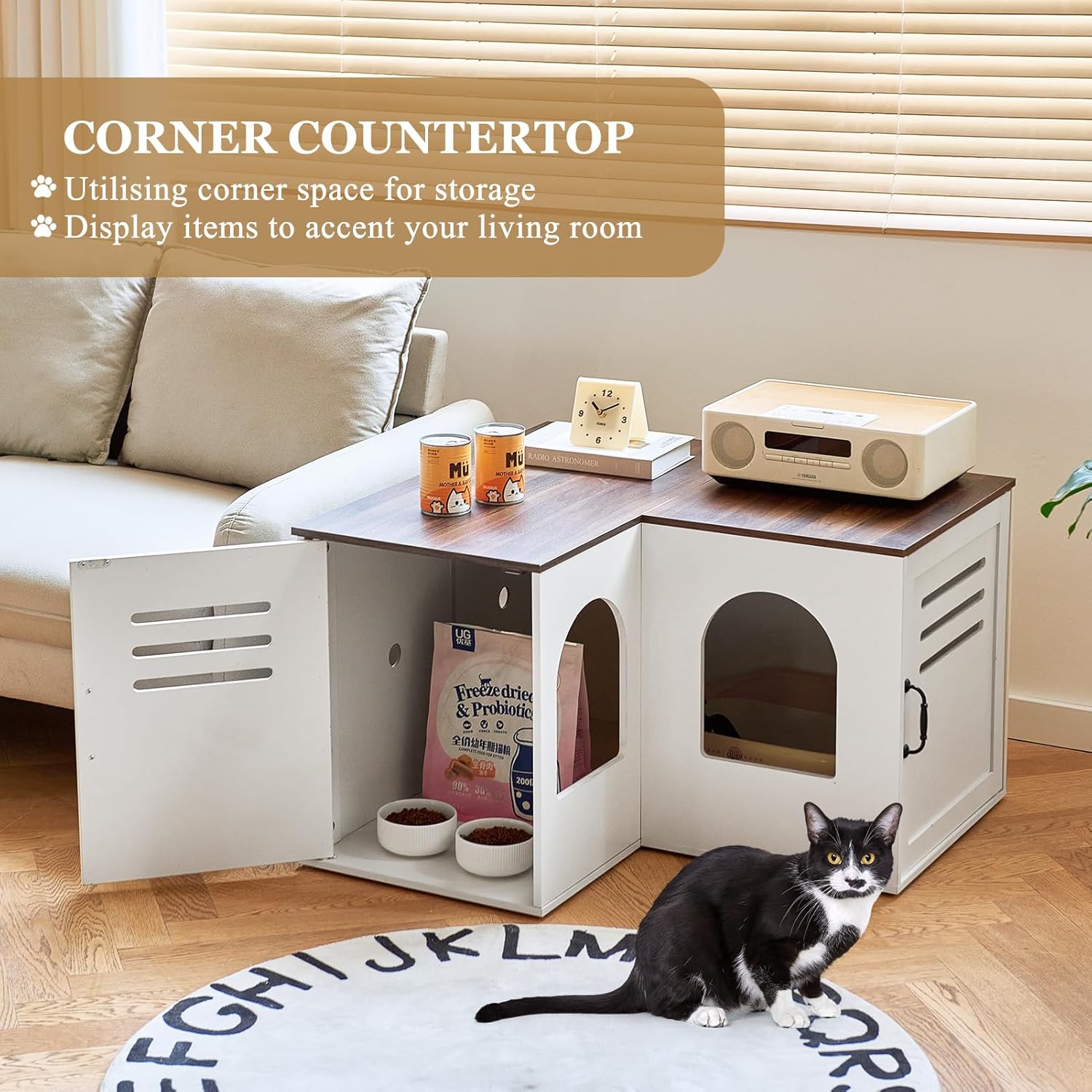Corner Litter Box Enclosure for 2 Cats, Hidden Litter Box Furniture, Litter Box Cabinet with Double Room, Indoor Cat House End Table, 31.5 x 17.7 x 19.7 in, White