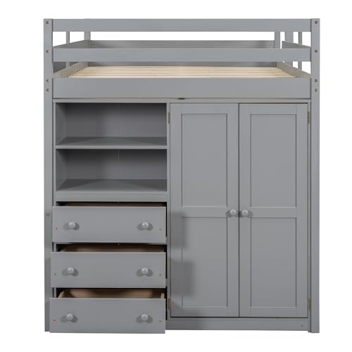 Harper & Bright Designs Full Size Loft Bed with Built-in Wardrobe, Desk, Storage Shelves and Drawers, Solid Wood Loft Bed Frame, White