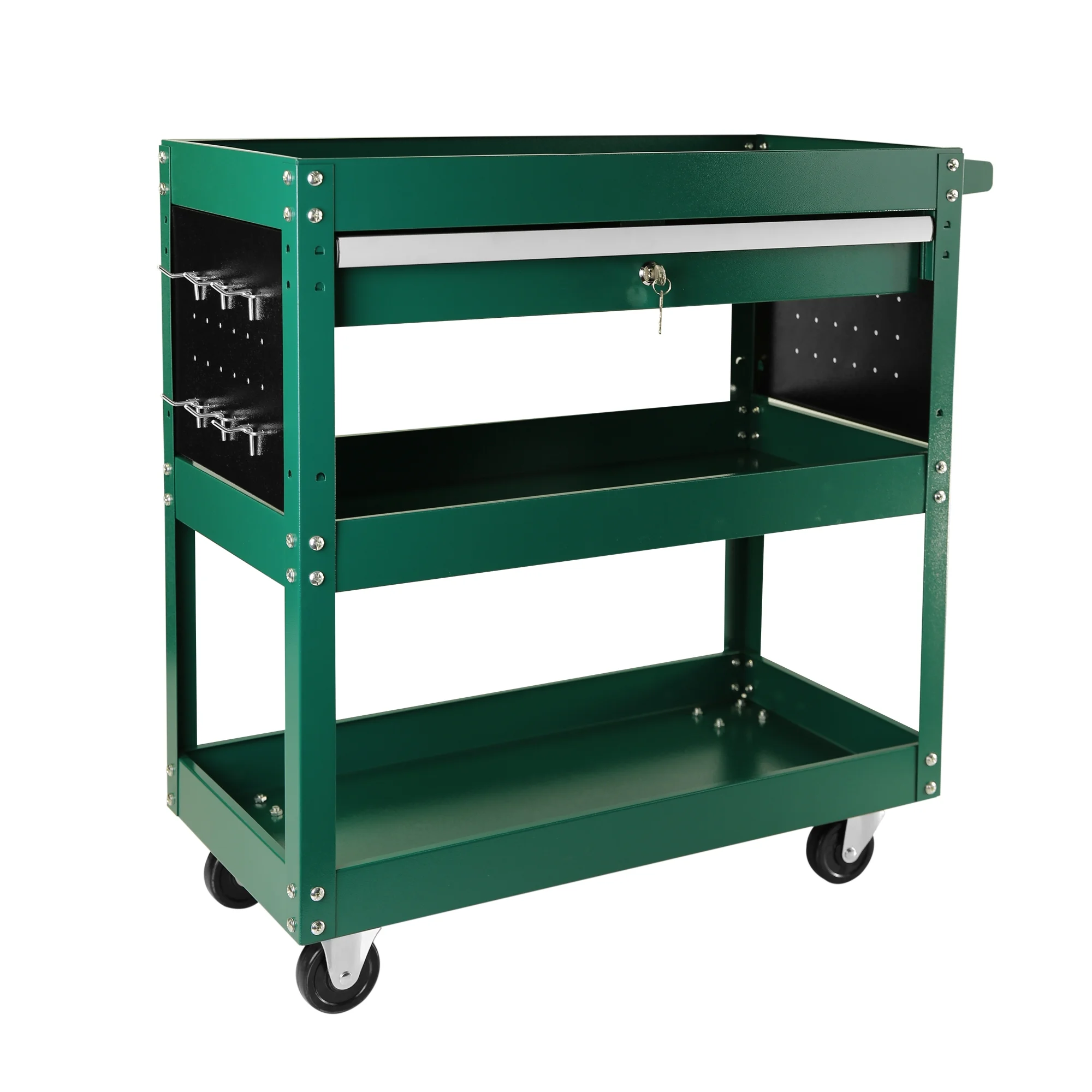 Rolling Tool Cart with Drawer, Seizeen Heavy Duty Utility Cart on Wheels, Garage Workshop Tool Organizer, 3 Tray, 1 Lockable Drawer, 6 Side Hooks