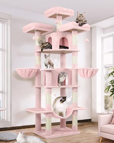 Globlazer Big Cat Tower for Indoor Cats, 80inch Cat Tower for Multiple Adult Cats XXL Cat Tree with Scratching Post, Hammock, 3 Perches, 2 Condos, 2 Hanging Basket, F80, Light Grey