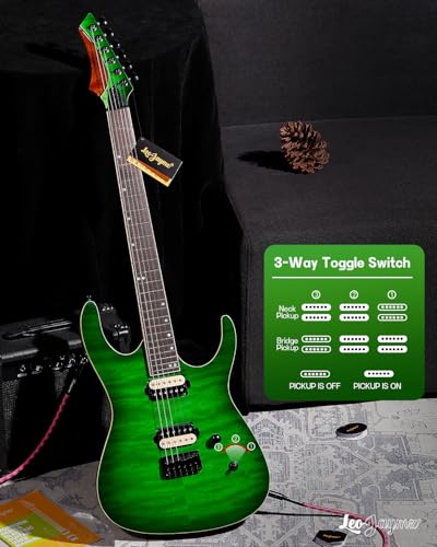 Leo Jaymz Electric Guitar Monsoon Series,Reverse Headstock,Mahogany Body,Roasted Maple Neck,Rosewood Fretboard,Locking Tuners,Rounded End Frets,AlnicoV Pickups,Fixed Bridge (Blue Flame)