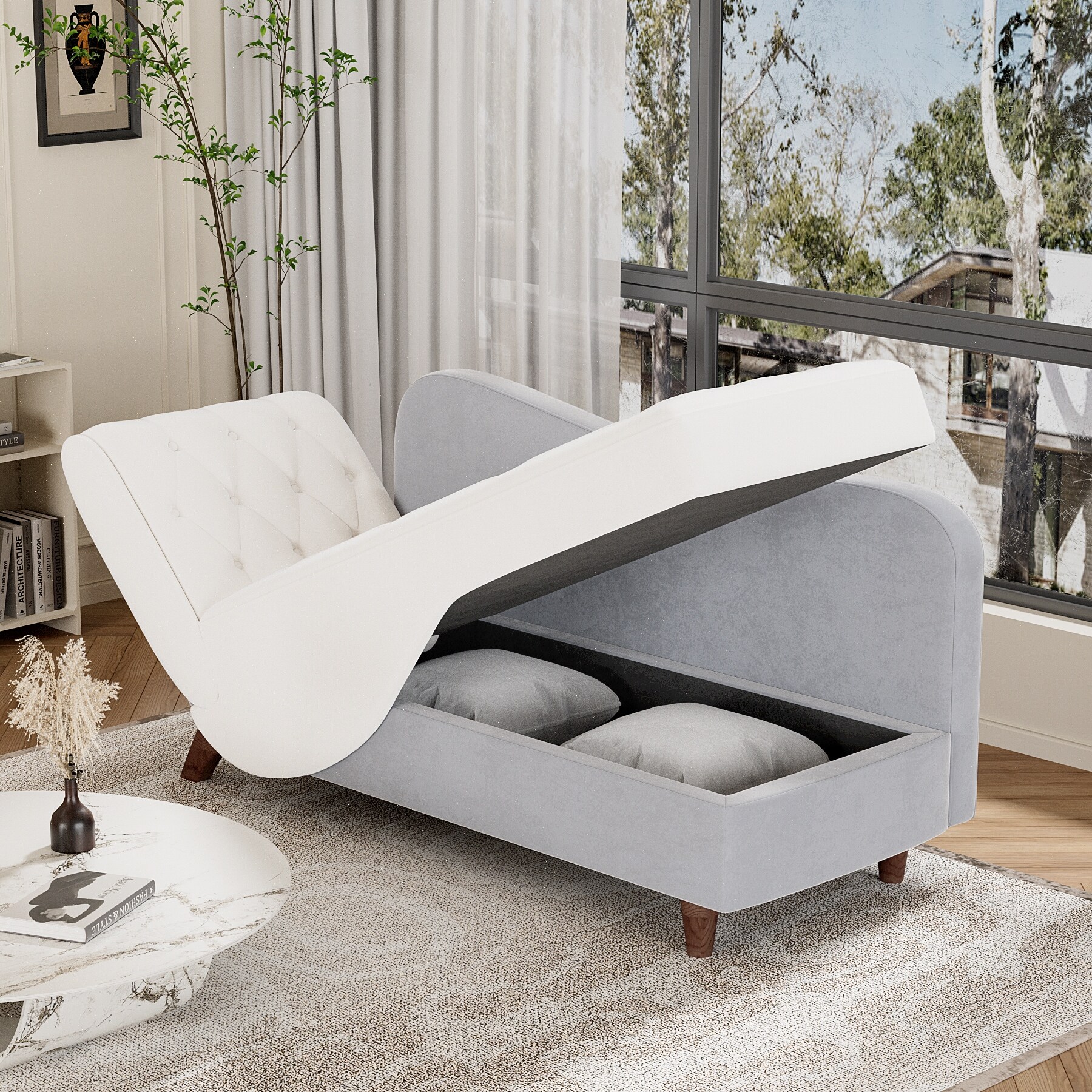 Ouyessir Upholstered Storage Chaise Lounge Chair with Left Armrest & Lumbar Pillow White