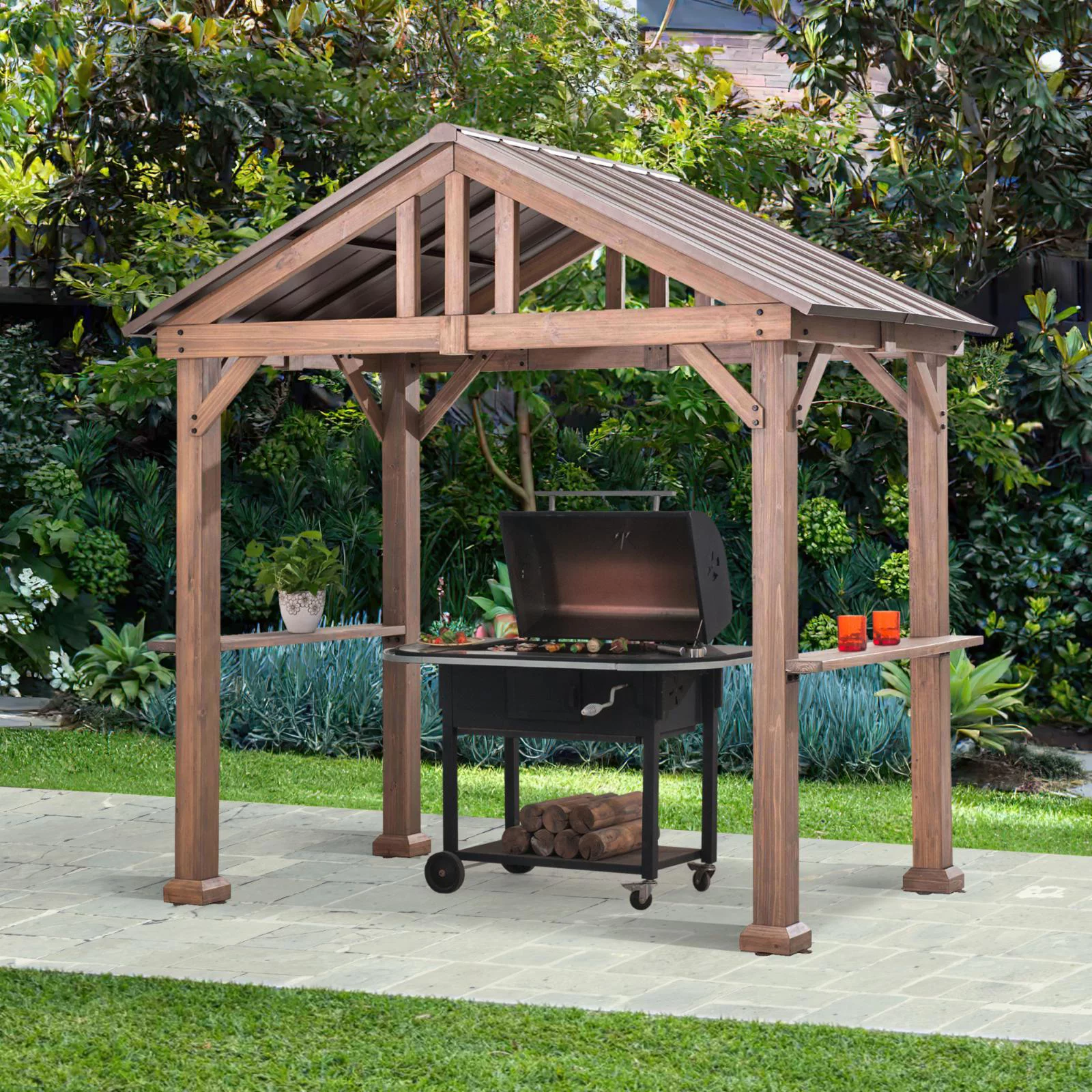 Sunjoy 9 ft. x 6 ft. Cedar Wood Hardtop Grill Gazebo