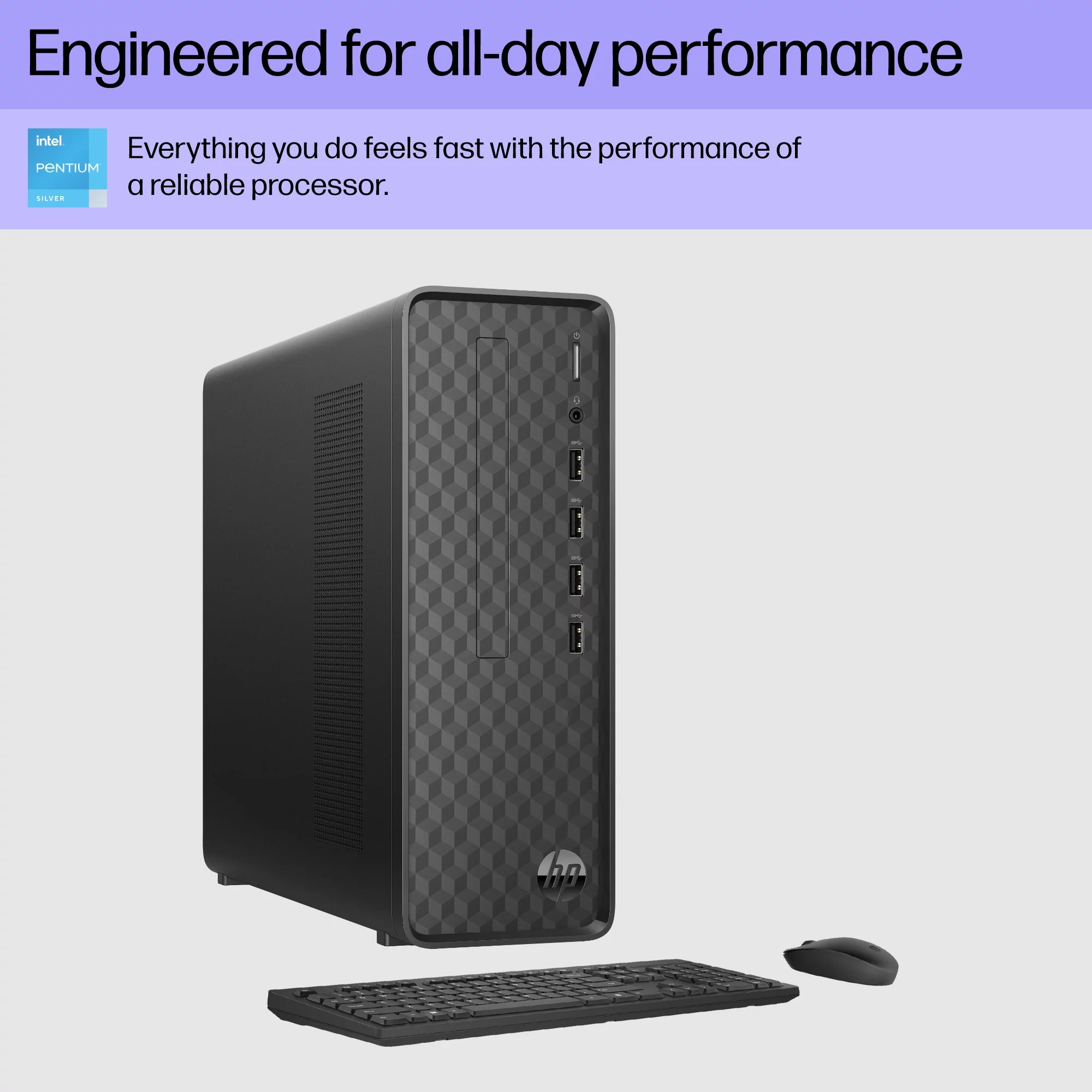 HP Slim Desktop Tower, Intel Pentium, 8GB Memory, 256GB SSD,  Windows 11 Home,  Black, S01-aF2023w