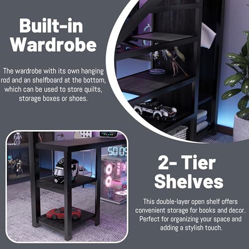 Full Size Loft Bed with Desk and Stairs,Metal Gaming Loft Bed Full with Wardrobe and Shelf, High Loft Bed with LED & USB Charging Station for Teens, Adults, Space Saving Design,Black