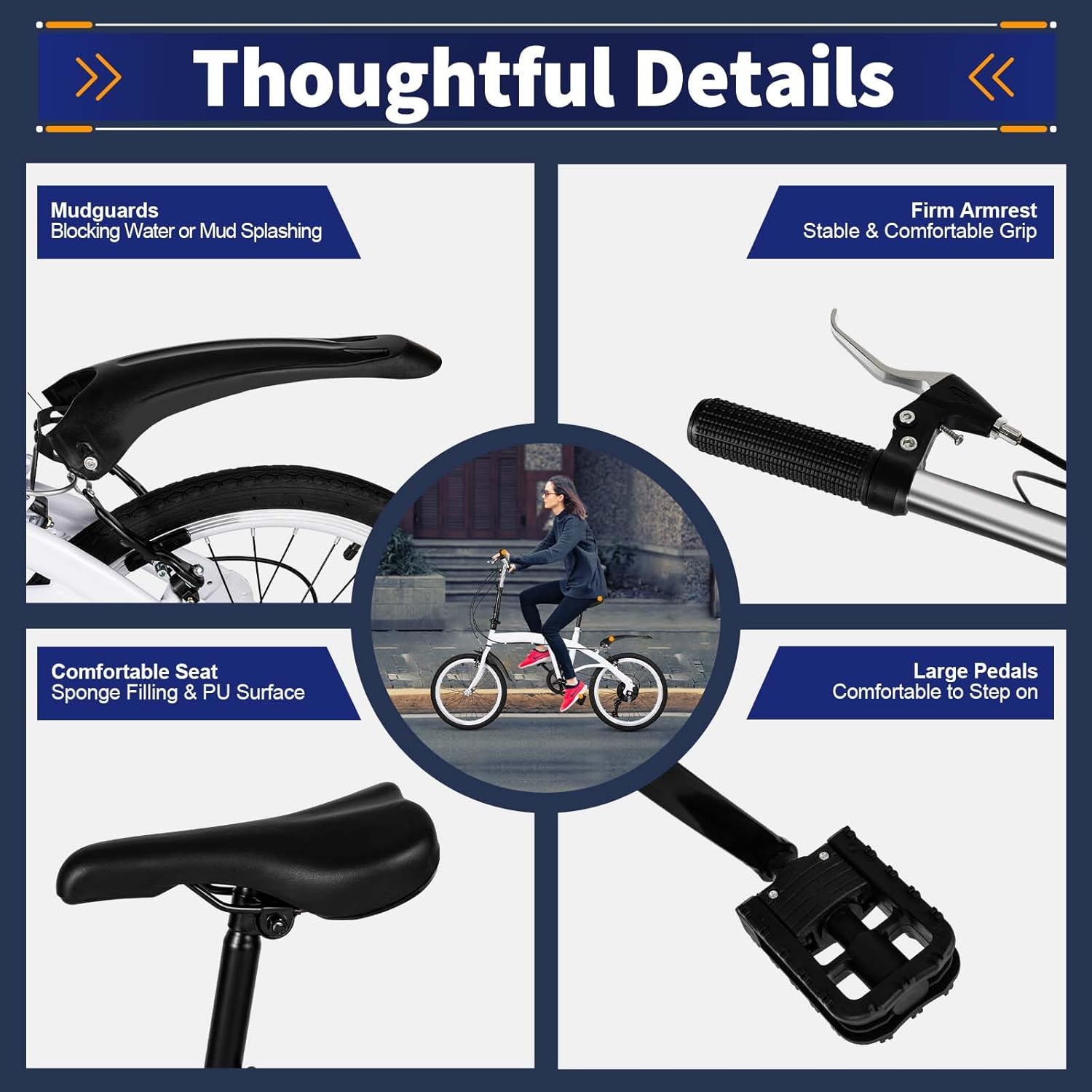 ‎20 Inch Folding Bike, 6 Speed Shifter Foldable Bicycle, Folding Bicycle with Adjustable Hight, Lightweight Foldable Bike for Men Women Riding, White