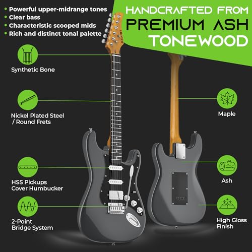 GearIT Professional Electric Guitar (Premium Ash Tonewood), GST-200 SoCal Series, 39in Full-Size, HSS Pickups with Coil Split, Round Frets, Genuine Rosewood Fretboard, Accessories - Metallic Gray