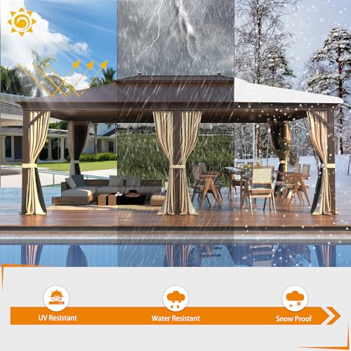 EROMMY 14'x20' Hardtop Gazebo Double Roof Galvanized Steel Canopy Outdoor Aluminum Frame Permanent Metal Pavilion with Netting and Curtains for Patio Backyard Deck and Lawns