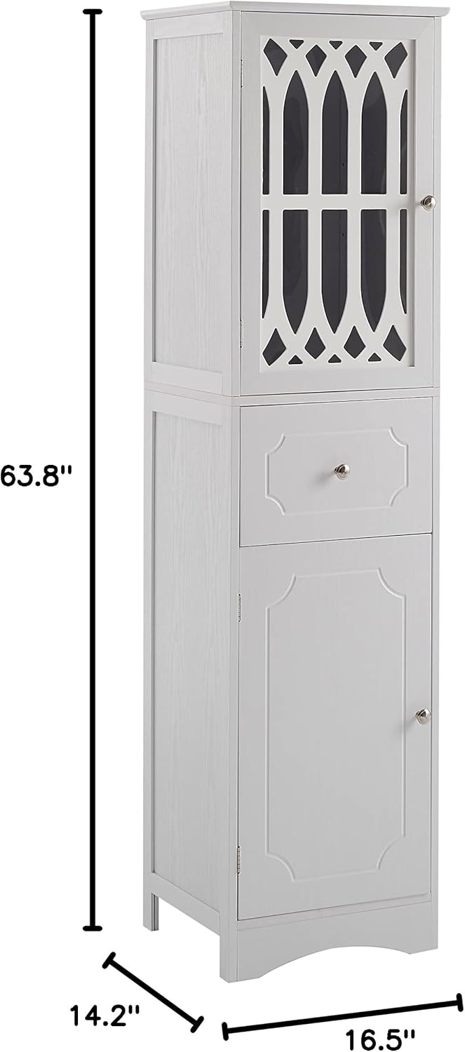 Merax Slim Tall Bathroom Storage Cabinet with Adjustable Shelf, Drawer and 2 Doors, Freestanding Linen Tower, 16.5" L x 14.2''W x 63.8''H, White