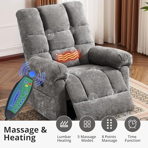 Oversized Power Lift Recliner Chair for Elderly, Extra Wide Lift Chair with Masssage and Heat, Chenille Electric Recliner Chairs for Big and Tall, USB Ports, Coffee
