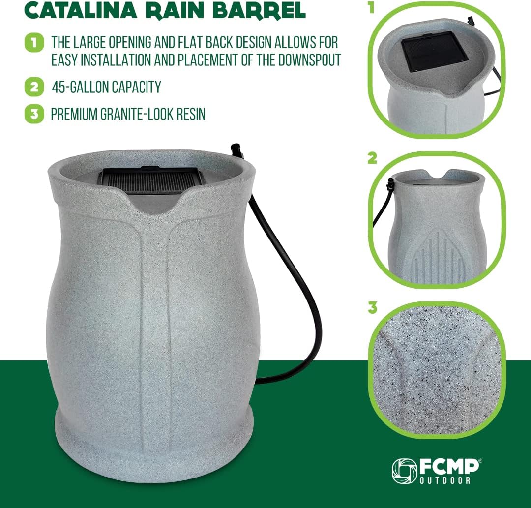 FCMP Outdoor Catalina 45 Gallon Rain Water Barrel Catcher System with Flat Back for Watering Outdoor Plants, Gardens, and Landscapes, Light Granite
