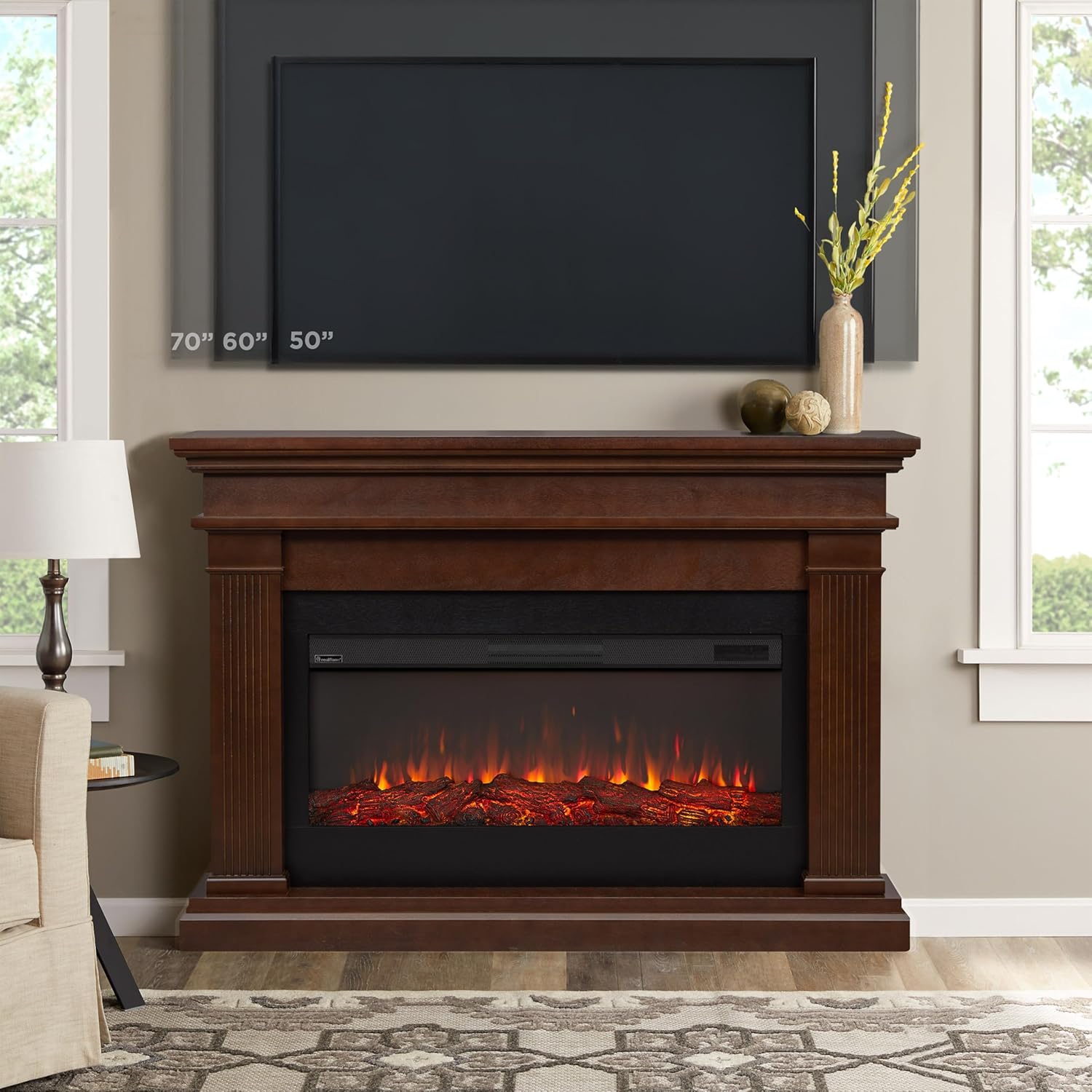Real Flame Beau 59" Landscape Electric Fireplace with Mantel for Living Room or Bedroom, Replaceable Fireplace Insert Heater, Realistic Log and Flame Effect, Remote Control, Timer