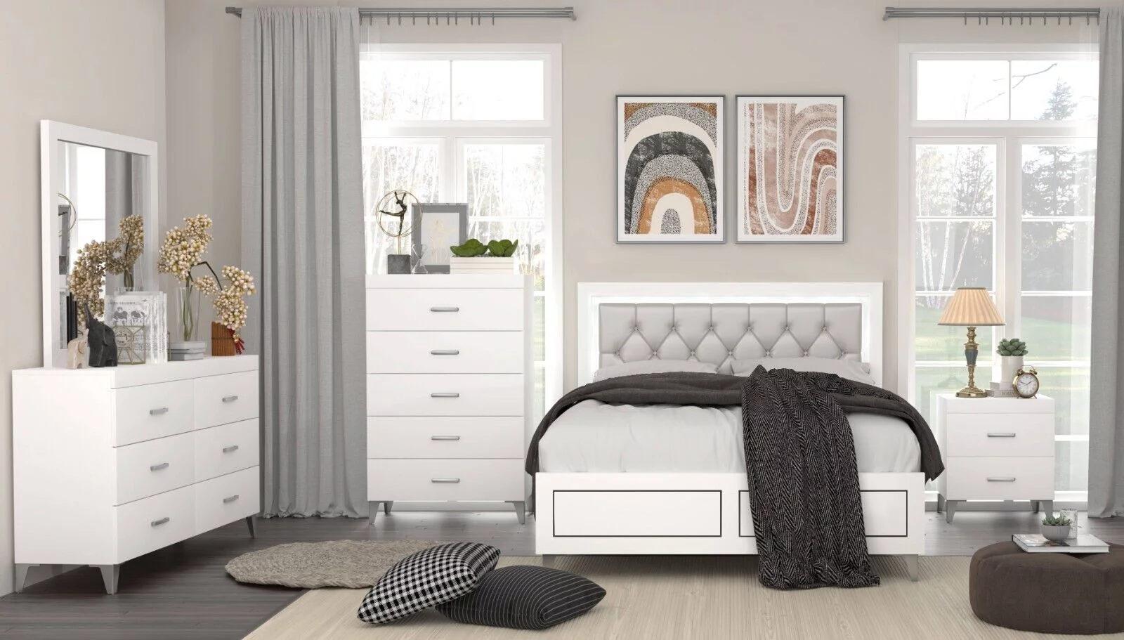 Stylish White Finish 5pc Bedroom Set Queen Size Bed Button-Tufted LED Headboard Nightstand Dresser Chest Mirror