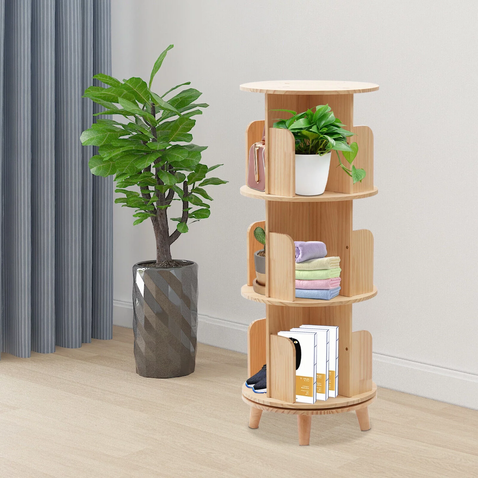 3 Tiers 360° Rotating Bookshelf Wood Bookcase Storage Shelf Freestanding Display Rack - Curated Treasures Market