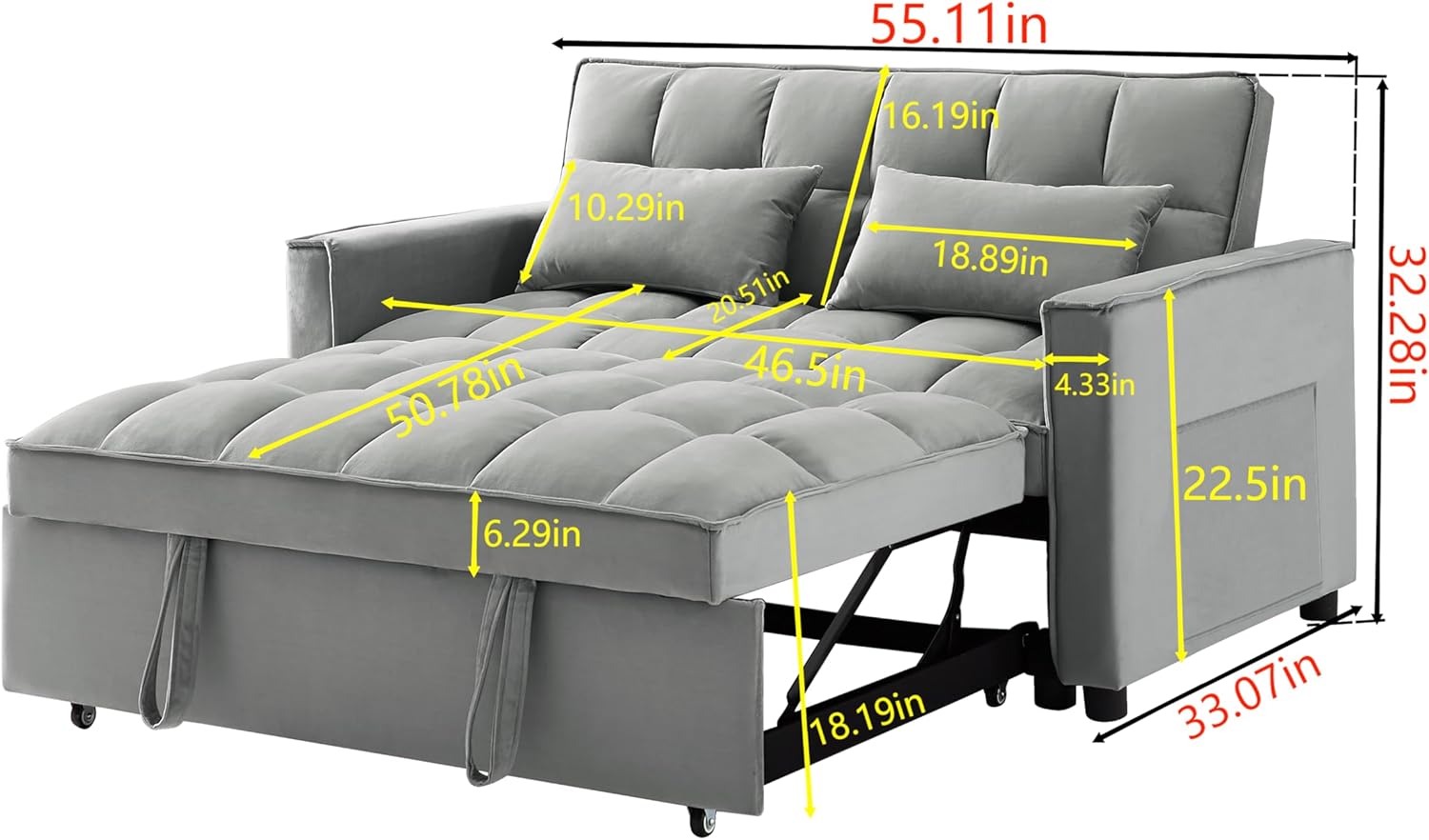 NicBex Full Pull Out Sofa Bed Sofa Bed Convertible Pull Out Couch Bed Sofa Sleeper Folding Chair Bed with Pillows, Pockets,3 in 1 Convertible Sleeper Sofa Bed, Gray
