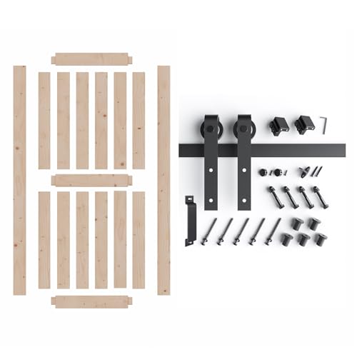 FREDBECK 48in x 80in Sliding Wood Barn Door with 8FT Barn Door Hardware Kit Included K Shape Solid Spruce Panel Sliding Door Double Surfaces Need to Assembly