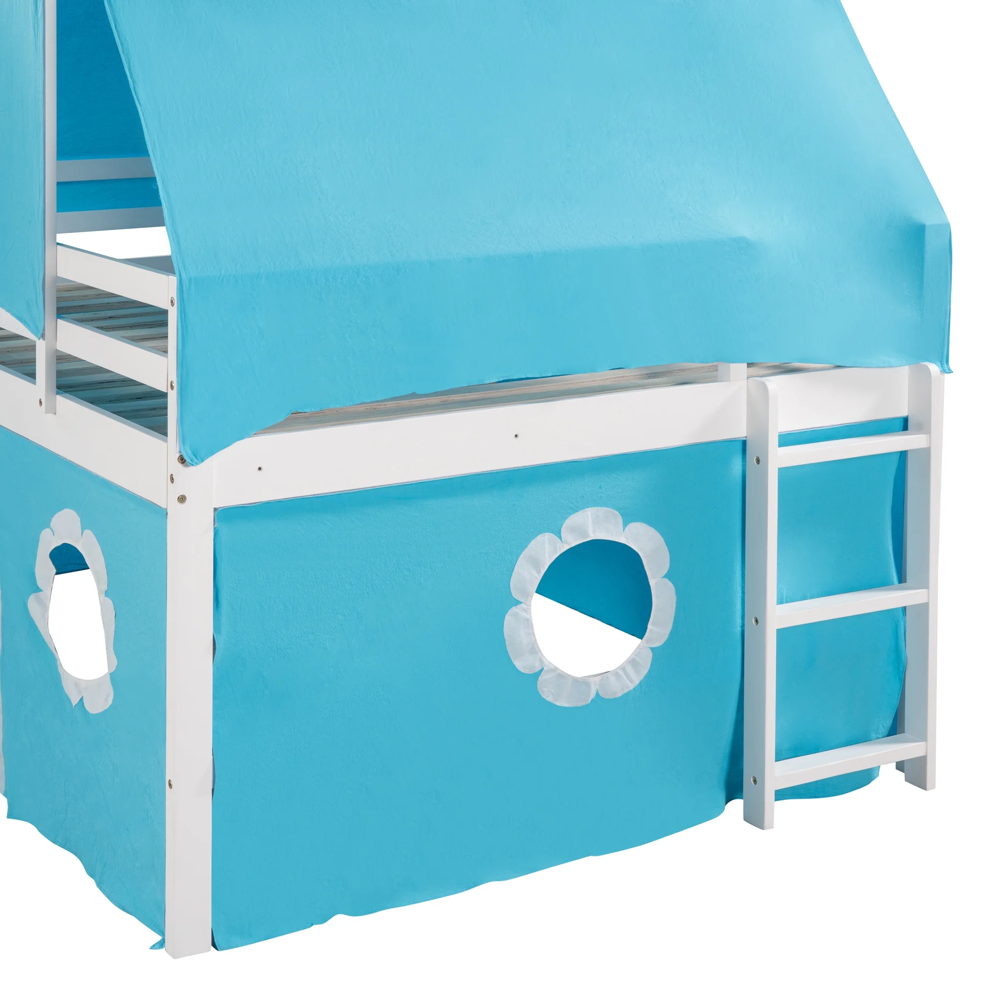 Wood Bunk Bed with Ladder & Safety Guardrail, Solid Wood Bed Frame for Dormitory & Multiple-Child Family, Bunk Bed with Slide Blue Tent and Tower(Blue, Full)