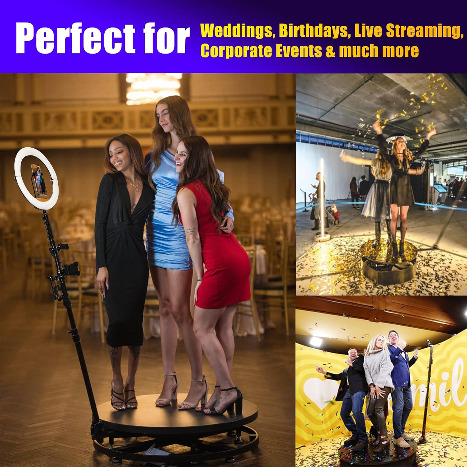 360 Photo Booth Machine for Parties with Free Logo Ring Light Selfie Holder Accessories,2 People Stand on Remote Control Automatic Spin 360 Video Camera Booth Platform Spinner 26.8” with Trolly