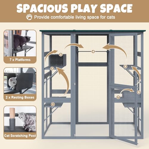 Catio Outdoor Cat Enclosure Large Walk in Cat Cage, Outdoor/Indoor Cat Catio for Multiple Cats with Waterproof Roof, 5 Platforms, 2 Resting Box, Cat Scratching Post, 71.2"L x 34.6"W x 66.5"H