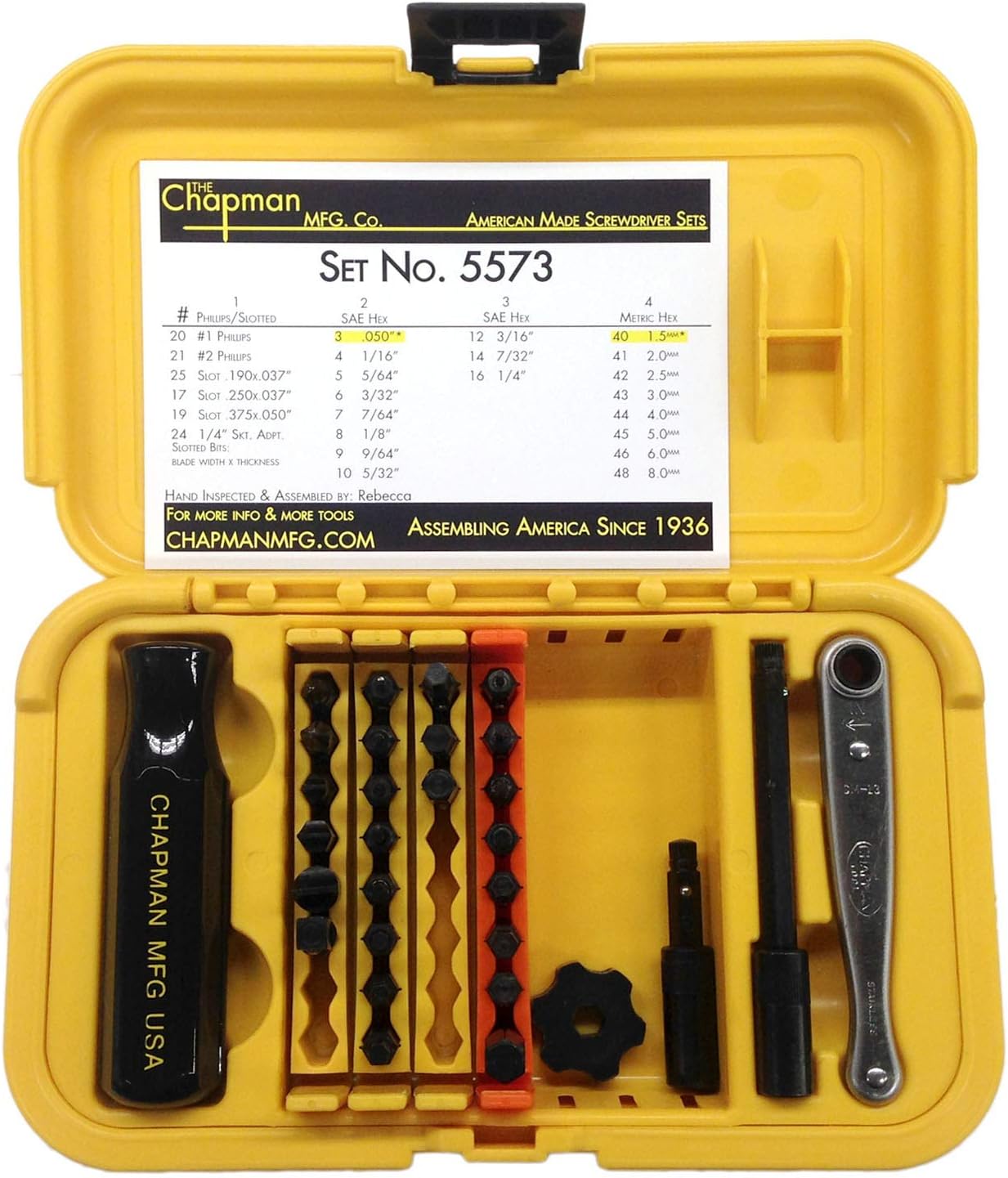 Chapman MFG 5575 Master Screwdriver Set - Includes Phillips, Metric, Slotted, SAE & Metric Hex Bits, Star Bits (for Torx Screws) - Complete Set Offers 51 USA Made Insert Bits & 300+ Combinations