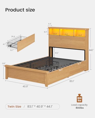 VIAGDO Wood Bed Frame Full Size with 4 Storage Drawers and Charging Station, Fluted Led Full Bed Frame with 2 Tier Storage Headboard, No Box Spring Needed,Wood