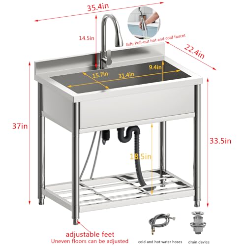 Stainless Steel Large Utility Sink Single Bowl, Freestanding Laundry Sink with Pull-Out Faucet, Utility Sink for Laundry Room, Garage, Kitchen, Outdoor/Indoor Use, W35.4" x D22.4" x H37"