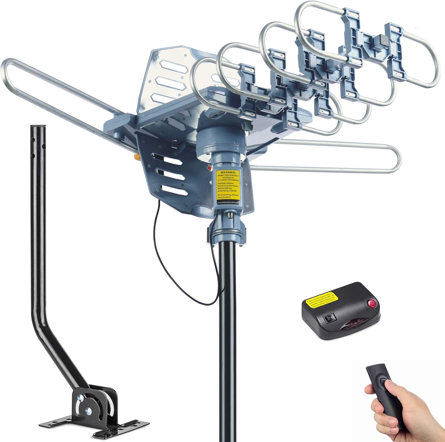 PBD Digital Outdoor TV Antenna, 150 Mile Motorized 360 Degree Rotation Support 2 TVs, Mounting Pole, 50FT RG6 Coax Cable, Wireless Remote Control, UHF/VHF, Snap-On Installation