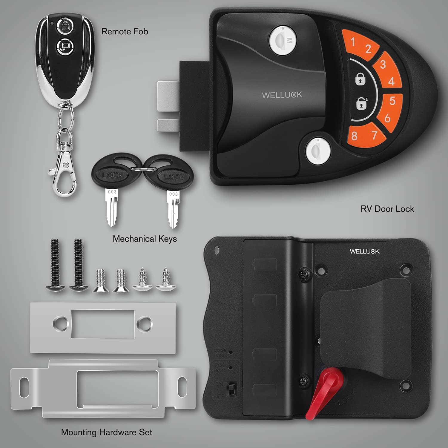 WELLUCK RV Lock Keyless Entry Door Handle Latch, Trailer Camper RV Door Lock Replacement w/ Knob Deadbolt, 2 Key Fobs and Backlit Keypad, Zinc Alloy Security RV/5th Accessories, Silent Mode Available