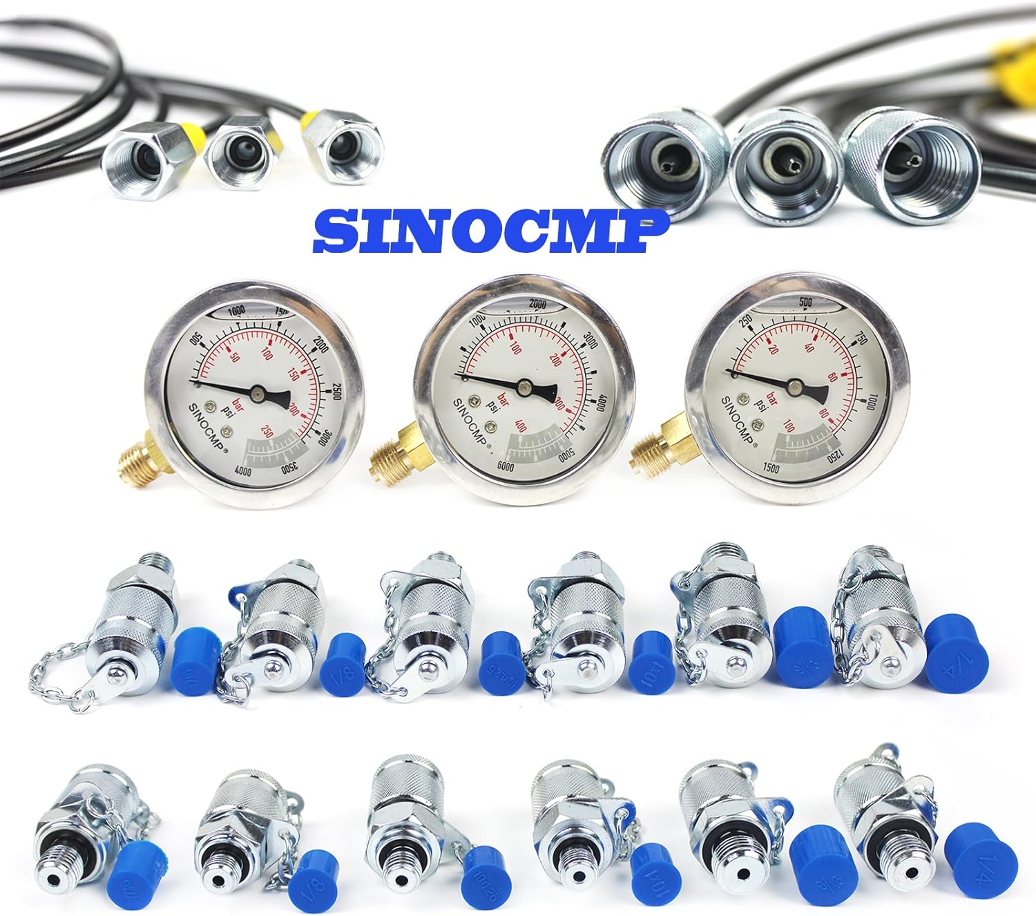 Upgraded Version Hydraulic Pressure Gauge Kit - SINOCMP Excavator Hydraulic Kit Stainless Steel Pressure Gauge Test Gauge Kit for Excavators, 2 Years Warranty