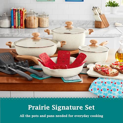 The Pioneer Womans 14-Piece Cast Aluminum Cookware Set with Nonstick Coating, Charcoal Speckle - Durable and Stylish Cookware Collection (Teal Speckle)
